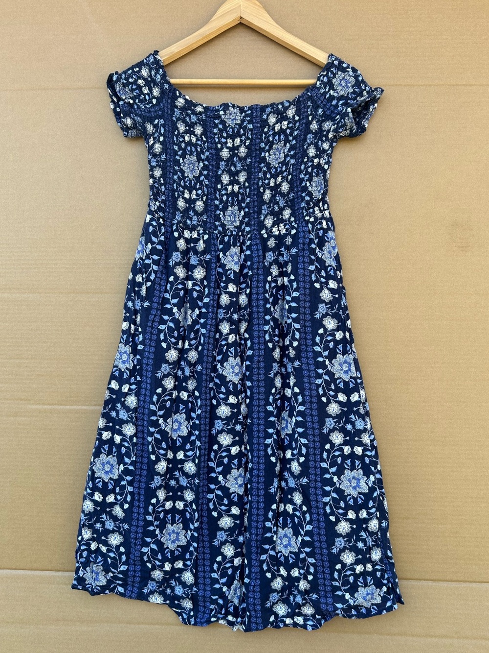 Floral Smocked Off Should Midi Dress Small Navy Blue Fit Flare Lined Cottagecore